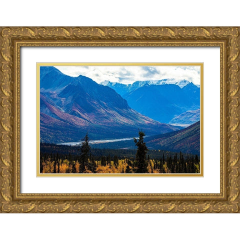 Chugach Mountains-Glenn Highway-Alaska-river-autumn color-tundra Gold Ornate Wood Framed Art Print with Double Matting by Sienda, Jolly