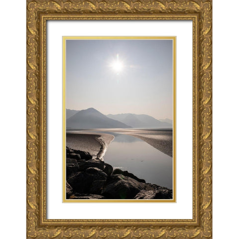Cook Inlet-Alaska-curved stream-mountains-black and white-sunburst Gold Ornate Wood Framed Art Print with Double Matting by Sienda, Jolly