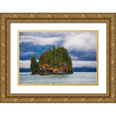 Prince William Sound-Alaska-Valdez-Island-evergreen trees-autumn-fog Gold Ornate Wood Framed Art Print with Double Matting by Sienda, Jolly