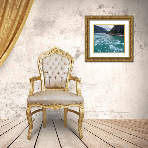 Alaska-Aerial view S/V Abuelos motoring among icebergs floating near calving face of LeConte Glacier Gold Ornate Wood Framed Art Print with Double Matting by Souders, Paul