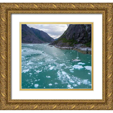 Alaska-Aerial view S/V Abuelos motoring among icebergs floating near calving face of LeConte Glacier Gold Ornate Wood Framed Art Print with Double Matting by Souders, Paul