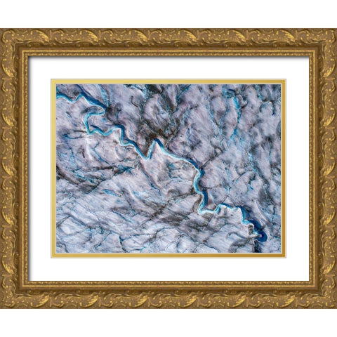 Alaska-Tracy Arm-meltwater streams and ponds on crevassed surface of Sawyer Glacier in Tracy Arm Gold Ornate Wood Framed Art Print with Double Matting by Souders, Paul