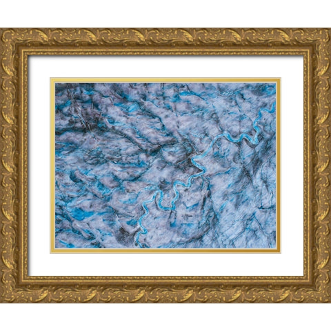 Alaska-Tracy Arm meltwater streams and ponds on crevassed surface of Sawyer Glacier in Tracy Arm Gold Ornate Wood Framed Art Print with Double Matting by Souders, Paul