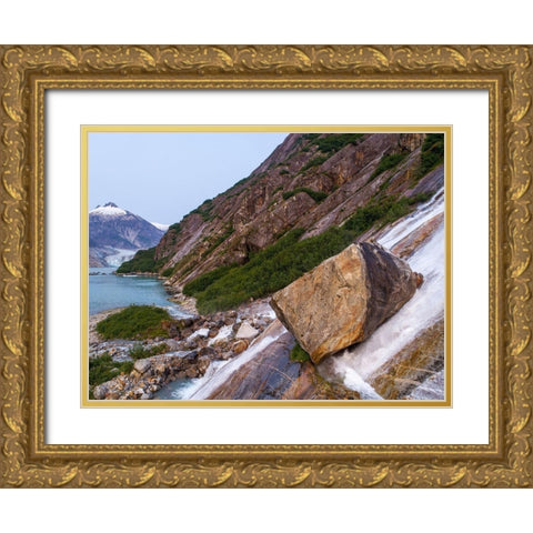 Alaska-Tracy Arm-Fords Terror Wilderness-Waterfall flowing down cliff side along Endicott Arm Gold Ornate Wood Framed Art Print with Double Matting by Souders, Paul
