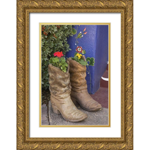 AZ, Tucson Cowboy boots used as planters Gold Ornate Wood Framed Art Print with Double Matting by Paulson, Don