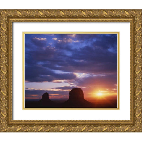 AZ, Monument Valley Sunrise on stone formations Gold Ornate Wood Framed Art Print with Double Matting by Flaherty, Dennis