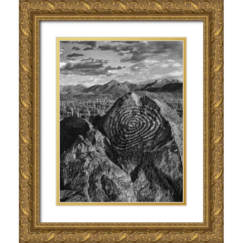 Arizona, Saguaro NP Petroglyphs on Signal Hill Gold Ornate Wood Framed Art Print with Double Matting by Flaherty, Dennis