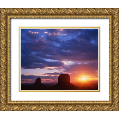 Arizona-Monument Valley Sunrise silhouettes of formations  Gold Ornate Wood Framed Art Print with Double Matting by Jaynes Gallery