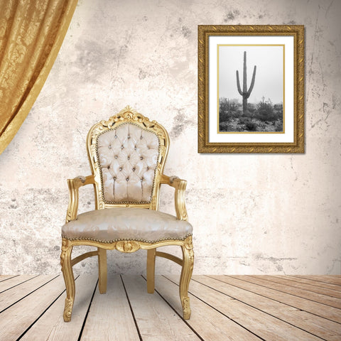 Arizona-Buckeye Black and white of saguaro cactus in fog  Gold Ornate Wood Framed Art Print with Double Matting by Jaynes Gallery