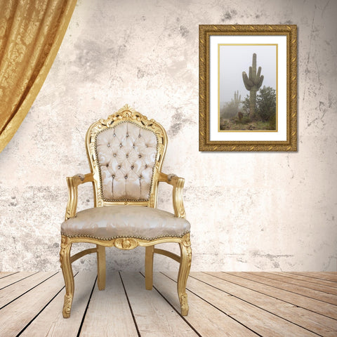 Arizona-Buckeye Saguaro cactus in fog  Gold Ornate Wood Framed Art Print with Double Matting by Jaynes Gallery