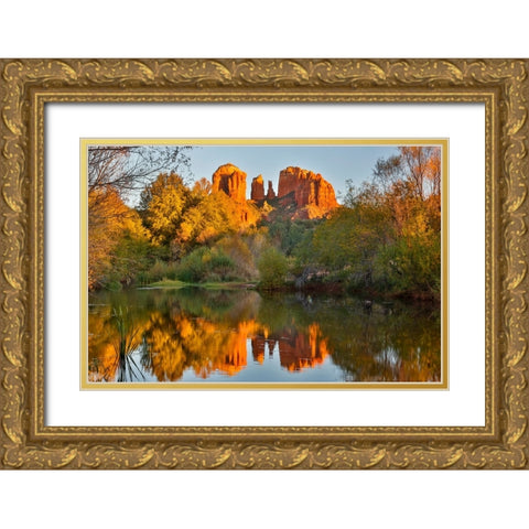 USA- Arizona. Red Rock State Park with Oak Creek and Cathedral Rock Gold Ornate Wood Framed Art Print with Double Matting by Gulin, Darrell