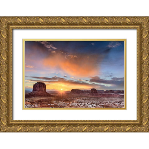 Sunrise-Monument Valley Gold Ornate Wood Framed Art Print with Double Matting by Ford, John