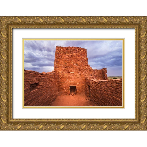 Approaching storm over Wukoki Ruin-Wupatki National Monument-Arizona Gold Ornate Wood Framed Art Print with Double Matting by Bishop, Russ