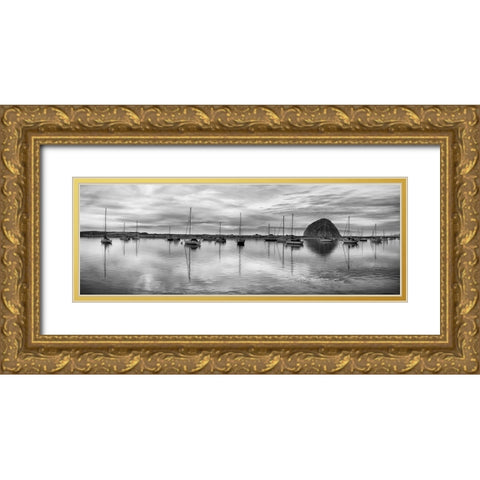 USA-California-Morro Bay Panoramic view of harbor and Morro Rock at dusk Gold Ornate Wood Framed Art Print with Double Matting by Collins, Ann
