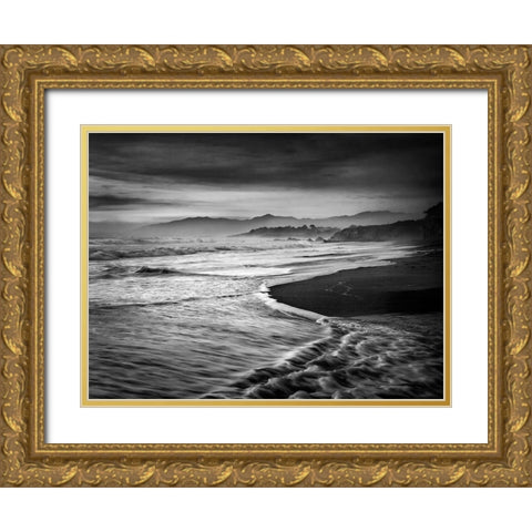 USA-California-Cambria Dusk at Moonstone Beach Gold Ornate Wood Framed Art Print with Double Matting by Collins, Ann