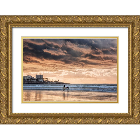 USA-California-La Jolla Young surfers at La Jolla Shores Gold Ornate Wood Framed Art Print with Double Matting by Collins, Ann