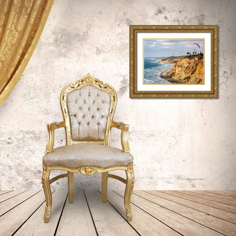 USA-California-La Jolla Paragliders soar over Blacks Beach Gold Ornate Wood Framed Art Print with Double Matting by Collins, Ann