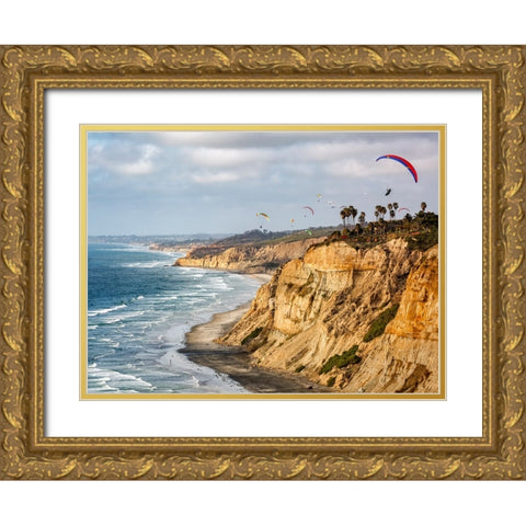 USA-California-La Jolla Paragliders soar over Blacks Beach Gold Ornate Wood Framed Art Print with Double Matting by Collins, Ann