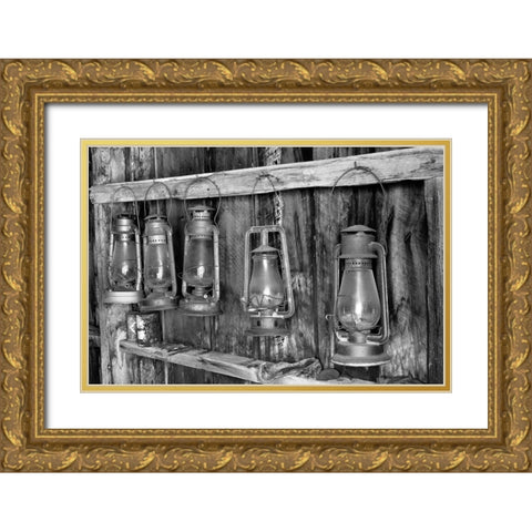 Antique lanterns-Bodie State Historic Park viewed through window-California Gold Ornate Wood Framed Art Print with Double Matting by Jones, Adam