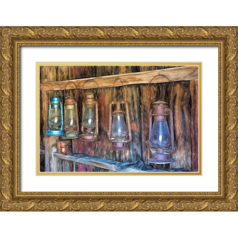 Painting effect on antique lanterns-Bodie State Historic Park viewed through window-California Gold Ornate Wood Framed Art Print with Double Matting by Jones, Adam