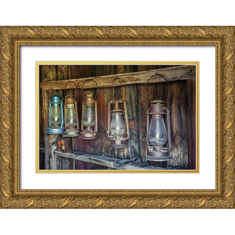 Antique lanterns-Bodie State Historic Park viewed through window-California Gold Ornate Wood Framed Art Print with Double Matting by Jones, Adam