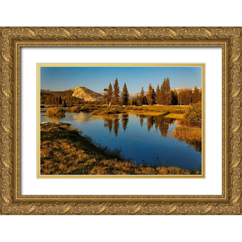 Lembert Dome reflected on Tuolumne River at sunset-Yosemite National Park-California Gold Ornate Wood Framed Art Print with Double Matting by Jones, Adam