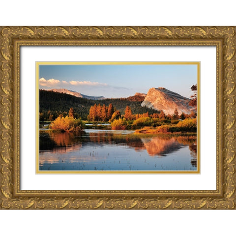 Lembert Dome reflected on Tuolumne River at sunset-Yosemite National Park-California Gold Ornate Wood Framed Art Print with Double Matting by Jones, Adam