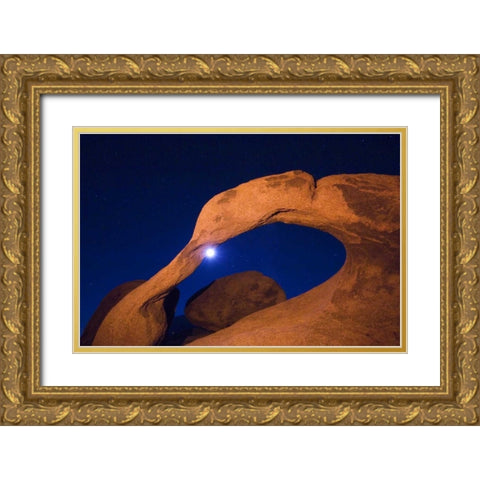 CA, Alabama Hills rock arch and moon at night Gold Ornate Wood Framed Art Print with Double Matting by Kirkland, Dennis