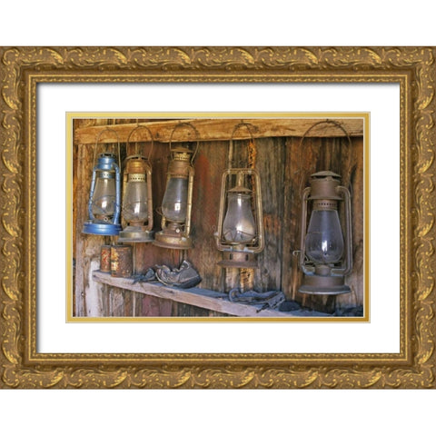 CA, Bodie SP Lanterns inside a General Store Gold Ornate Wood Framed Art Print with Double Matting by Flaherty, Dennis