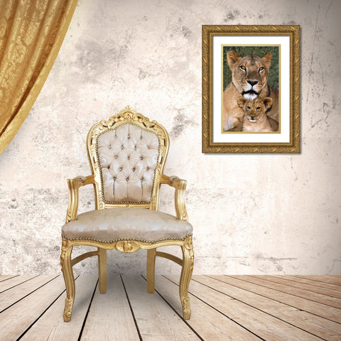 CA, Los Angeles, African lioness mother and cub Gold Ornate Wood Framed Art Print with Double Matting by Welling, Dave
