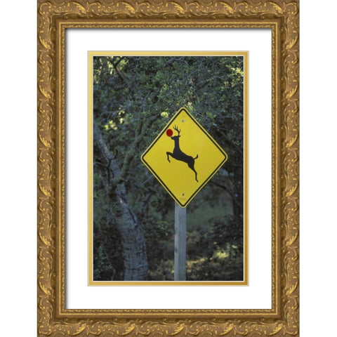 CA, Rudolph the reindeer crossing sign on Highway Gold Ornate Wood Framed Art Print with Double Matting by Grall, Don