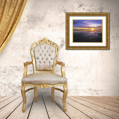 CA, Santa Barbara Sunset on the ocean and beach Gold Ornate Wood Framed Art Print with Double Matting by Flaherty, Dennis