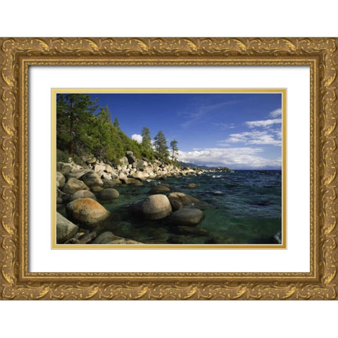 CA, Lake Tahoe Granite boulders line a lake Gold Ornate Wood Framed Art Print with Double Matting by Flaherty, Dennis