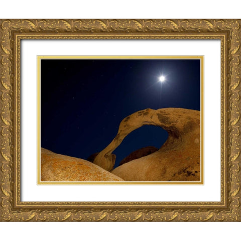 CA, Alabama Hills Moonrise behind Mobius Arch Gold Ornate Wood Framed Art Print with Double Matting by Flaherty, Dennis
