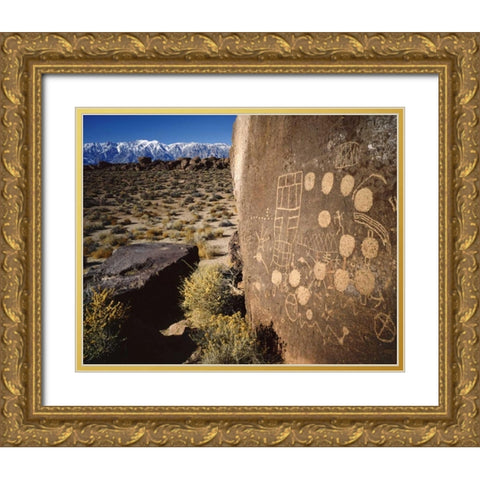 CA, Bishop, Sierra Mts Curvilinear petroglyphs Gold Ornate Wood Framed Art Print with Double Matting by Flaherty, Dennis