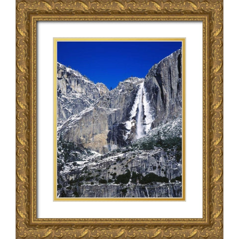 CA, Yosemite Ice-rimmed Upper Yosemite Falls Gold Ornate Wood Framed Art Print with Double Matting by Flaherty, Dennis