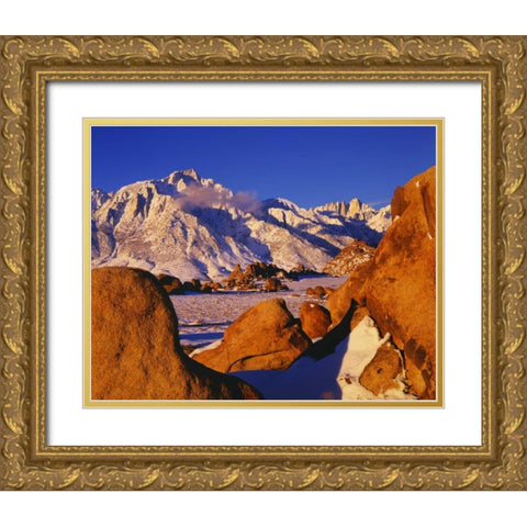 CA, Mt Whitney and Lone Pine peak in winter Gold Ornate Wood Framed Art Print with Double Matting by Flaherty, Dennis