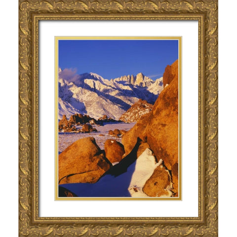 CA, Sierra Nevada Mt Whitney and Lone Pine peak Gold Ornate Wood Framed Art Print with Double Matting by Flaherty, Dennis