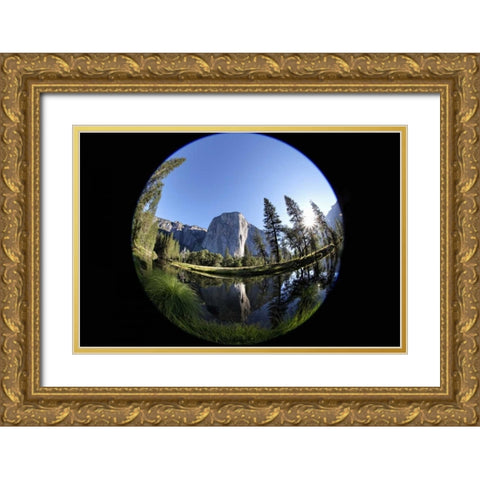 CA, Yosemite Capitan and the Merced River Gold Ornate Wood Framed Art Print with Double Matting by Flaherty, Dennis