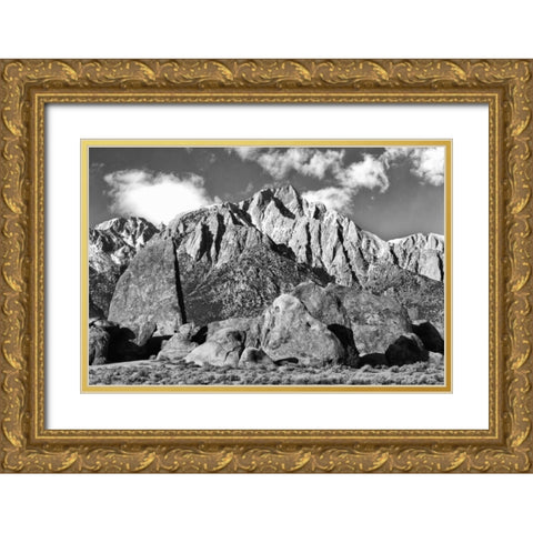 CA, Sierras Alabama Hills and Lone Pine Peak Gold Ornate Wood Framed Art Print with Double Matting by Flaherty, Dennis