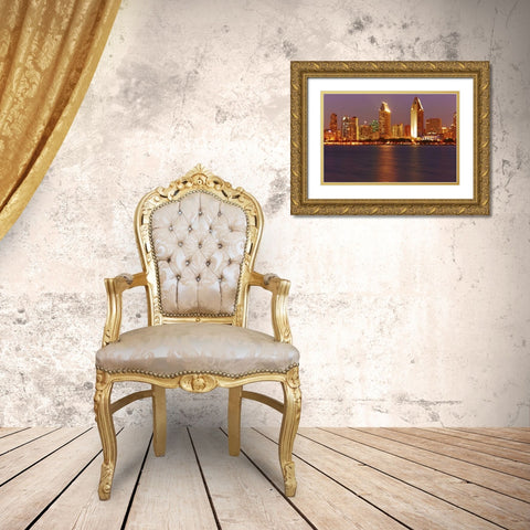 CA, San Diego Downtown skyline from the harbor Gold Ornate Wood Framed Art Print with Double Matting by Ross, Steve