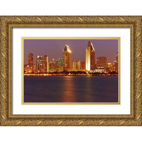 CA, San Diego Downtown skyline from the harbor Gold Ornate Wood Framed Art Print with Double Matting by Ross, Steve
