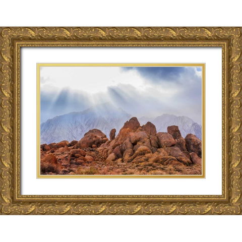 CA, Alabama Hills God rays over Lone Pine Peak Gold Ornate Wood Framed Art Print with Double Matting by Paulson, Don