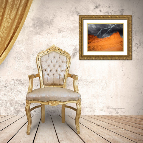 California-Death Valley National Park Composite of lightning over Golden Canyon at sunset Gold Ornate Wood Framed Art Print with Double Matting by Jaynes Gallery