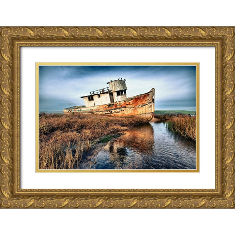 Usa-California Rotting fishing boat near Point Reyes Gold Ornate Wood Framed Art Print with Double Matting by Sederquist, Betty