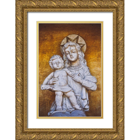 California-Carmel-Basilica of San Carlos Borromeo del Rio Carmelo-Statue of Mary and Jesus Gold Ornate Wood Framed Art Print with Double Matting by Looney, Hollice