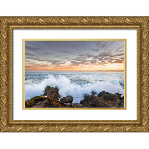 Crashing winter waves on the rocks of Lovers Point in Pacific Grove-Monterey Peninsula-California Gold Ornate Wood Framed Art Print with Double Matting by Haddad, Sheila