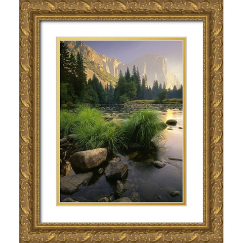 Merced River flows through Yosemite National Park in California Gold Ornate Wood Framed Art Print with Double Matting by SMO