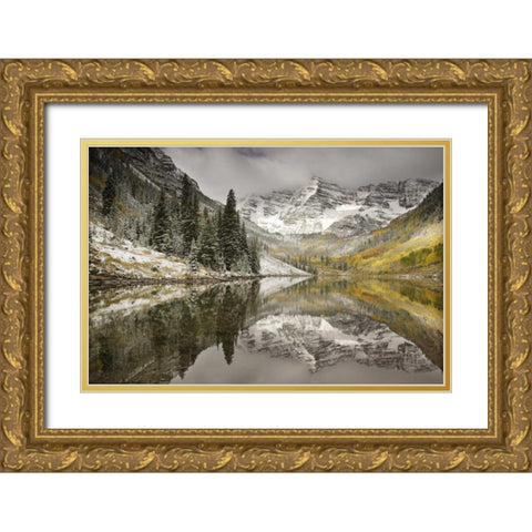 CO, White River NF, Morning on Maroon Bells peaks Gold Ornate Wood Framed Art Print with Double Matting by Grall, Don