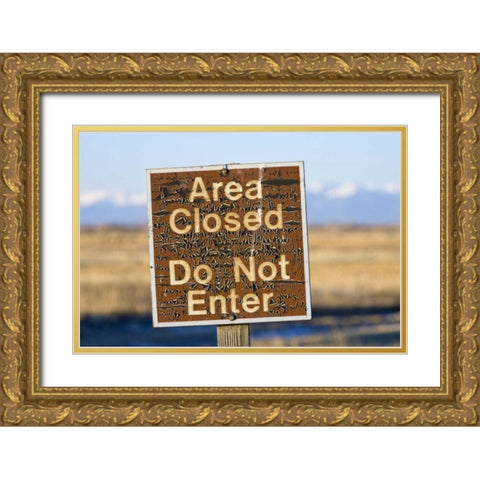 CO, An aged warning sign in the Monte Vista NWR Gold Ornate Wood Framed Art Print with Double Matting by Lord, Fred